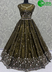 Olive Green Color Satin Embroidered, Sequins, Thread and Zari Work Lehenga Choli